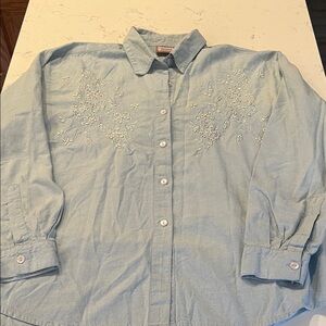 Light Blue Chambray Embroidered  Button-Up Blouse - Women